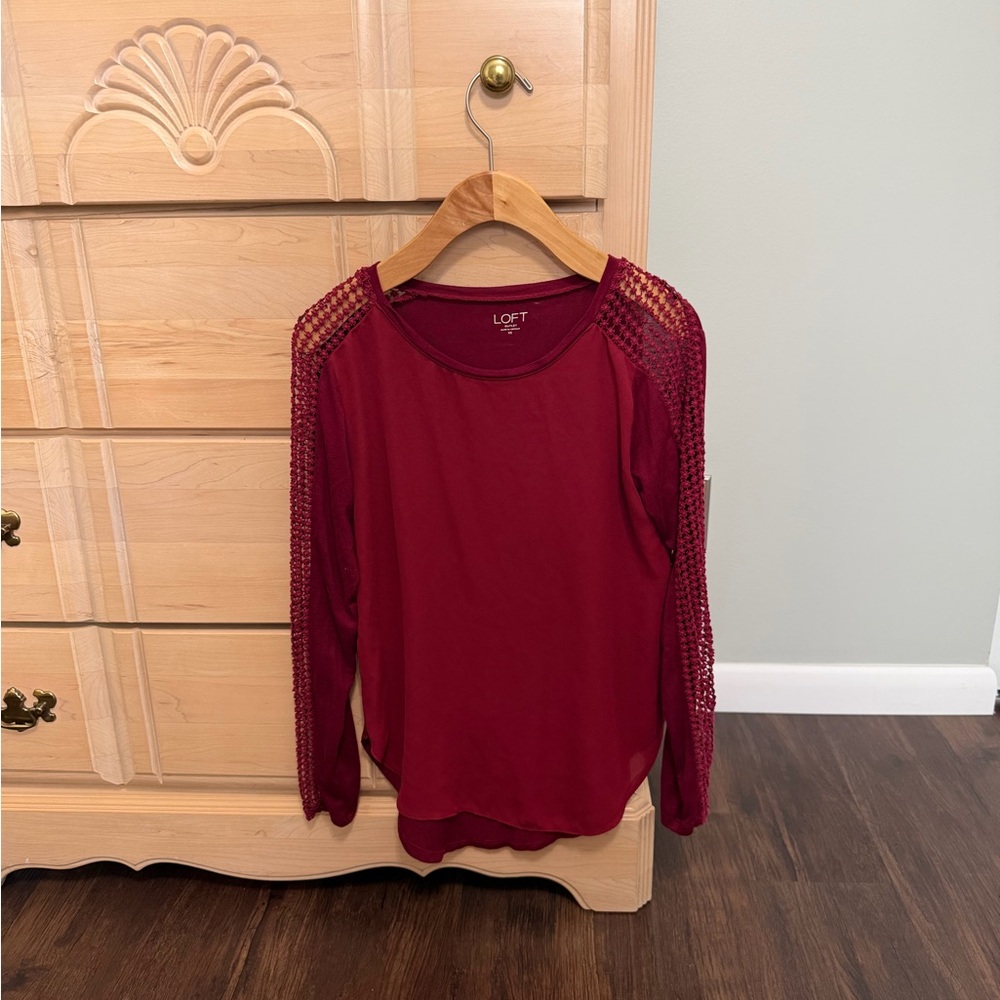 LOFT Burgundy Long Sleeve Top with Mesh Detail